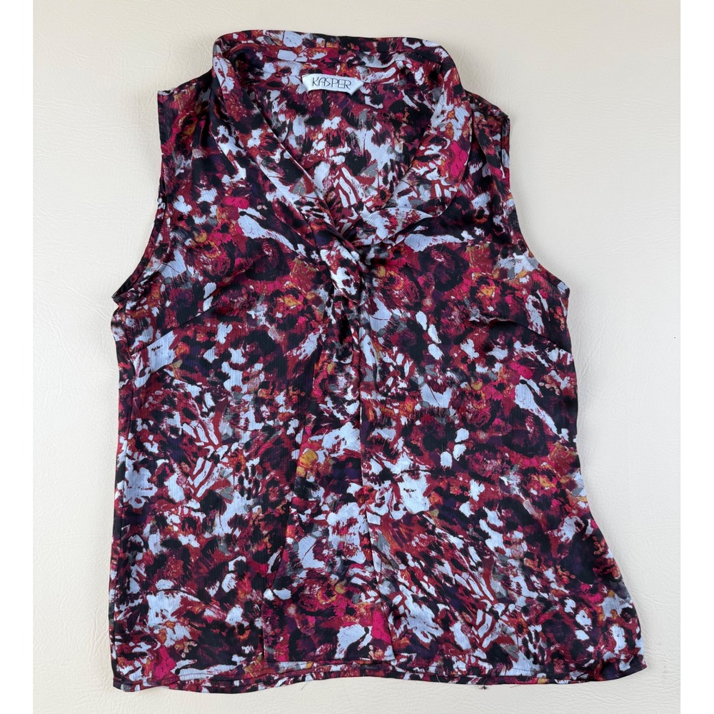 Abstract Print Sleeveless Blouse Twist Neck Red Berry Medium Kasper